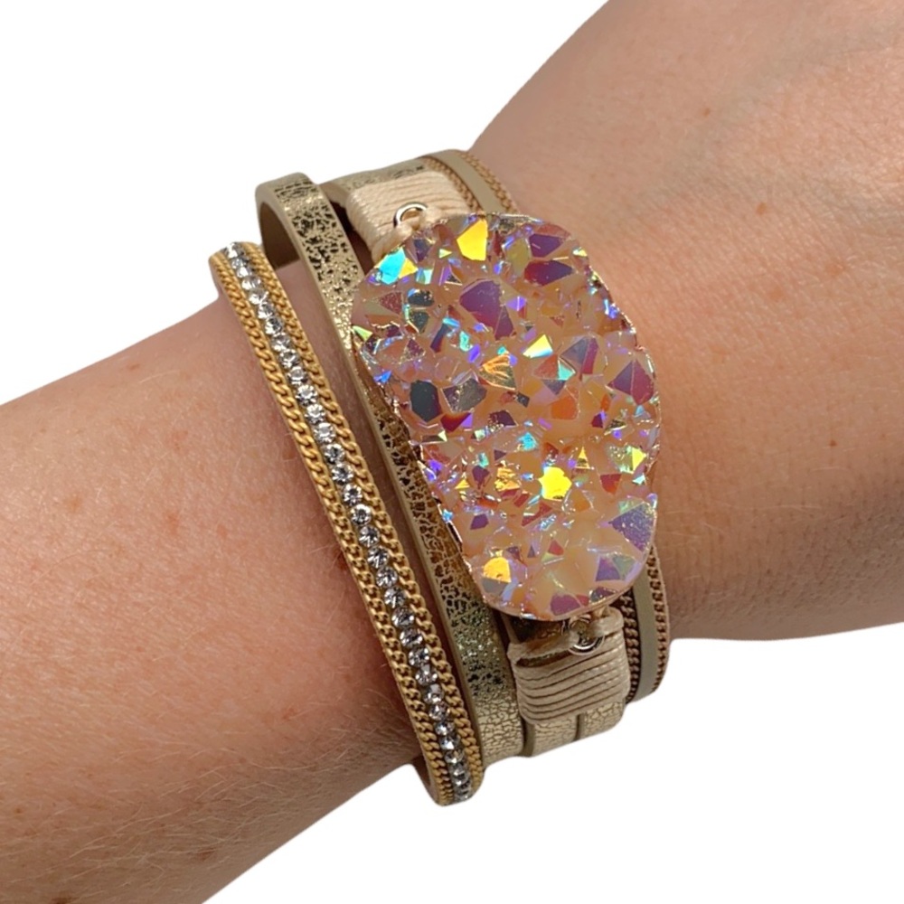 Leather Boho Shimmer Crystal Western Cuff Bracelet Cowgirl Gold Iridescent NEW